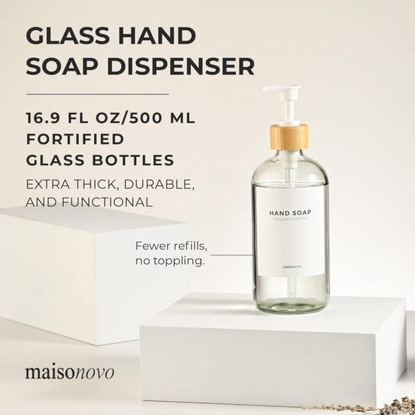 MaisoNovo Kitchen Soap Dispenser | 16.9 fl oz Glass Clear Soap Dispenser with Bamboo Pump - Image 2