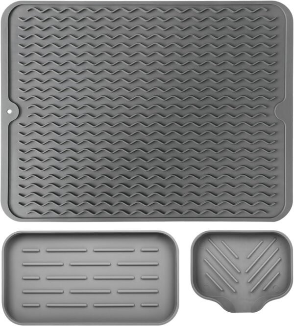 3 Pack Dish Racks, Silicone Kitchen Sink Organizer Tray and Dish Drying Mat for Bathroom Counter, and Sponge Soap Holder for Dish Soap Bottle, Soap Dispenser, Grey