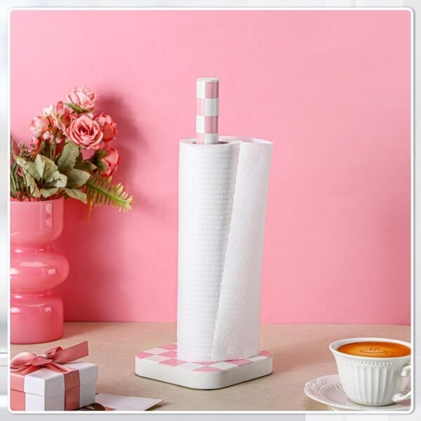 Black and White Checkerboard Paper Towel Holder Wood Paper Towel Stand Wooden Paper Towel Dispenser with Anti Skid Base for Kitchen Bathrooms Countertop (Pink) - Image 4