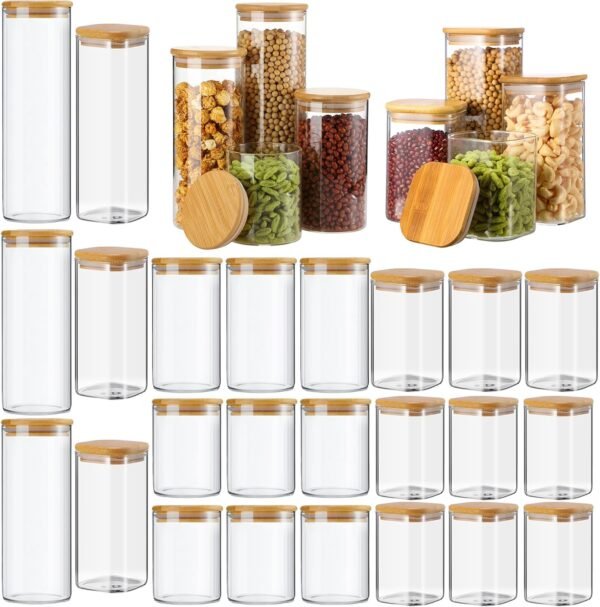 24 Pcs Glass Storage Jars Square Round Food Storage Containers with Airtight Bamboo Lids Glass Canisters Pantry Jars Seasoning Organizer Jars for Kitchen Spice Flour Cookie Coffee Beans Pasta