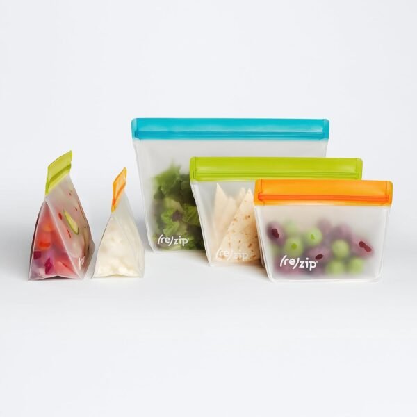 rezip 5-Piece Stand-Up Reusable Bag Kit | BPA-Free, Food Grade, Leakproof, Freezer and Dishwasher Safe | Quart (1), 2-Cup (2), Snack (2) | Multicolor - Image 5