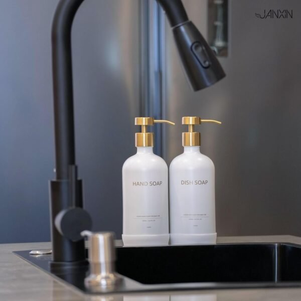 Kitchen Soap Dispenser Set with Non-Slip Protective Silicone Pad,Hand Soap Dispenser for Kitchen and Bathroom Decor, White and Gold Kitchen Accessories (White Bottles + Gold Pumps) - Image 6