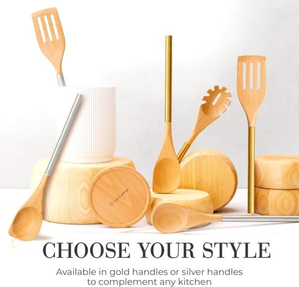 STYLED SETTINGS Wood Cooking Utensils Set with Stainless Steel Handles – 6-PC Durable Wooden Utensils for Cooking, Serving, & Mixing – Kitchen Utensils Set for Nonstick Cookware, Great for Gifting - Image 7