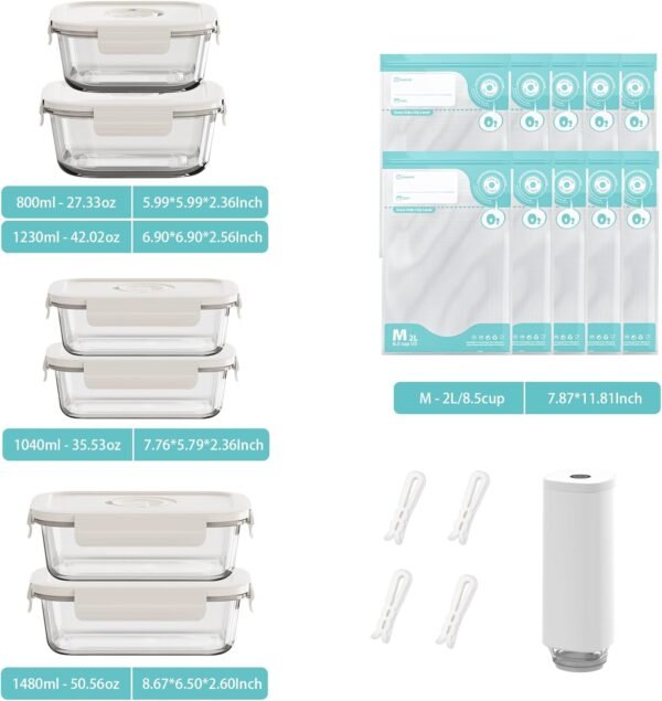 Vacuum Seal Glass Food Storage Containers with Sous Vide Bags, Meal Prep Container with Airtight Locking Lids for Lunch, BPA Free, Leak Proof, Long-Lasting Freshness-Rectangle/Square set - Image 2