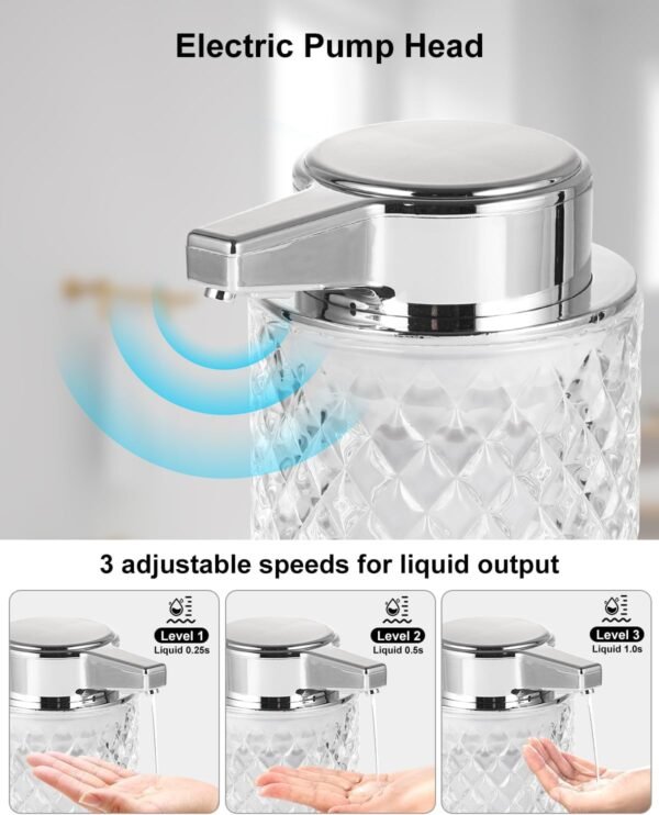 Automatic Soap Dispenser, Liquid Hand Soap Dispenser, Touchless Refillable Clear Glass Soap Dispenser with Pump, 3 Adjustable Levels, Electric Dish Soap Dispenser for Bathroom, Kitchen - Image 2