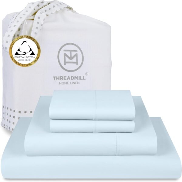 Threadmill Egyptian Cotton Full Size Sheet Set | 100% Certified Egyptian Cotton Sheets for Full Size Bed | Full Bed Sheets Set 16" Deep Pocket | Soft Sateen 4-Piece Cooling Bedding Set | Light Blue