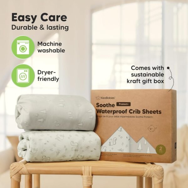 2-Pack Waterproof Crib Sheets for Girl, Boy - Organic Cotton 52X28 Fitted Crib Sheets Neutral,Crib Mattress Protector Sheets,Soft Toddler Bed Sheets,Washable Infant Fitted Baby Crib Sheets(Pine Grove) - Image 8