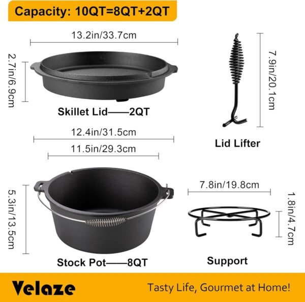 Velaze 10QT Camping Dutch Oven, Pre-Seasoned Cast Iron Camp Dutch Oven Pot with Lid, for Use in the Oven, on the Stove, Grill, or over the Campfire - Metal Handle, Lid Lifter, and Tripod - Image 2