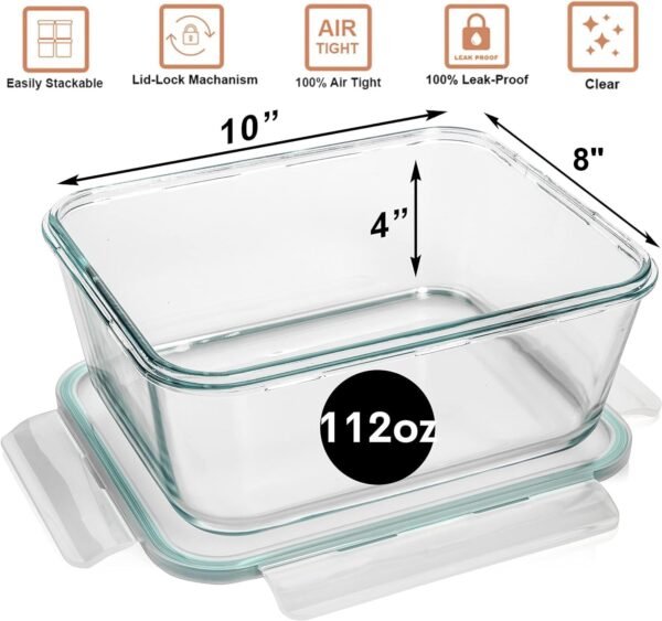 14 Cup/ 112 oz LARGE Glass Food Storage Container with Locking Lid. Ideal for Storing food, Vegetables or Fruits. Baking Casserole, Lasagna, Baking, Roasting chicken & lot of other tasty Food BPA-Free - Image 3