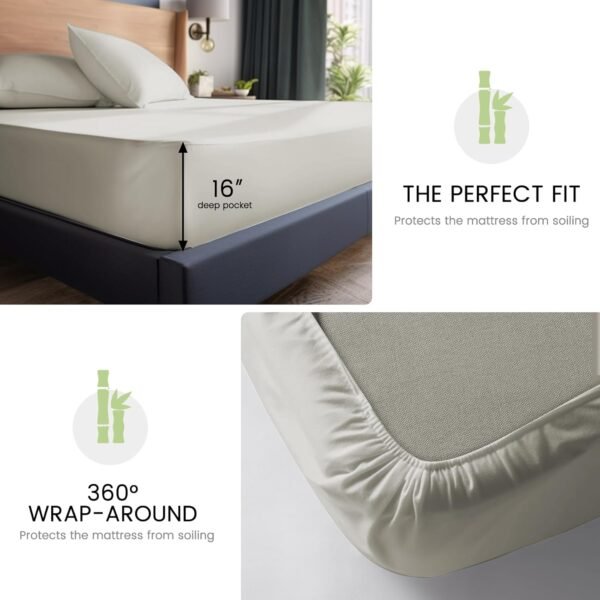 JSELF 100% Organic Viscose from Bamboo Sheets Queen Size Set - Ultra Soft & Luxuriously Cooling Sheets for Hot Sleepers, Double Stitching, 16" Deep Pocket, 4PCS Queen Size Bed Sheets Set (Grey) - Image 4