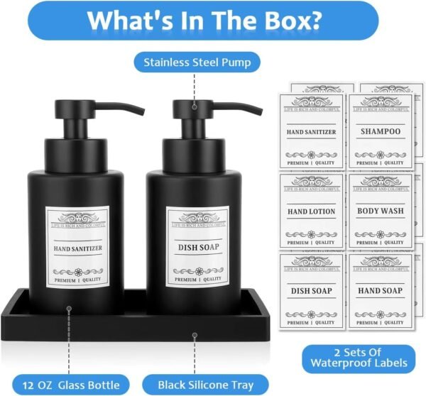 Black Soap Dispenser Bathroom Set,Glass Soap Dispenser with Stainless Steel Pump,12 Oz Liquid Hand and Dish Soap Dispenser Set with Tray,Shampoo and Conditioner Dispenser Bathroom Decor. - Image 2