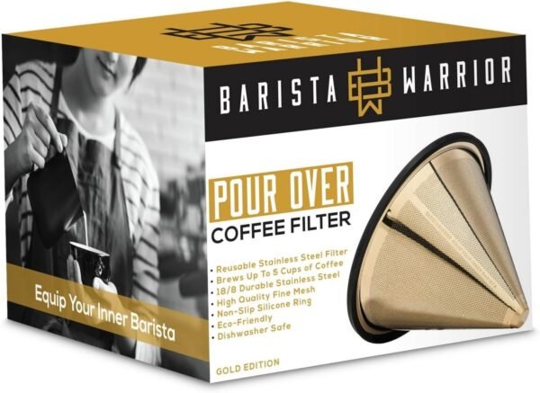 Barista Warrior Compatible with Hario V60 Pour Over Coffee Filters - Reusable Stainless Steel - Best Coffee Maker and Bar Accessories (Gold Titanium Coated) - Image 4