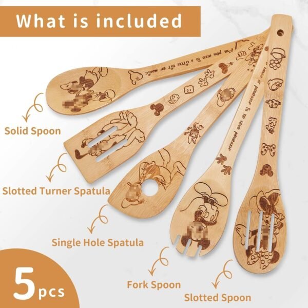 Wooden Spoons for Cooking, Bamboo Cooking Kitchen Utensils Set, Housewarming Birthday Anniversary Present for Friend (6PCS) - Image 2