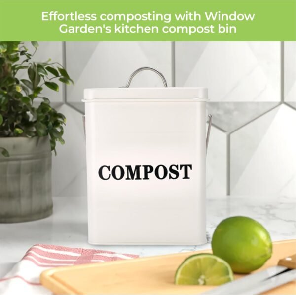 Window Garden Kitchen Compost Bin - Metal Pail for Composting Kitchen Scraps - Small Indoor Compost Bucket with Carbon Filter Lid - Food Scrap Container for Countertop - 9.1x7.1x6.3 inches (Off-White) - Image 2