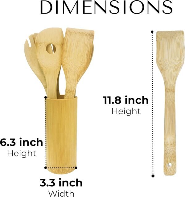 6 Pcs Bamboo Wooden Spoon and Spatula Utensils Set with Holder for Cooking and Kitchen use - Image 2