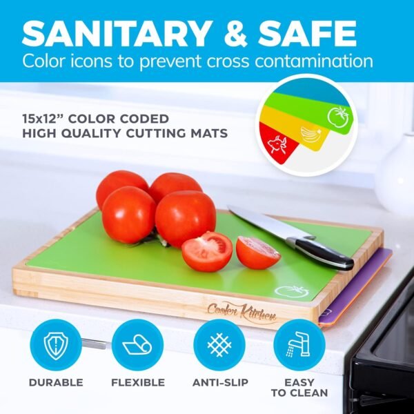 Bamboo Cutting Board Set - Easy-to-Clean Wood Cutting Board Set with 6 Color-Coded Flexible Plastic Cutting Boards with Food Icons - Wooden Cutting Boards For Kitchen - Wooden Chopping Board Set - Image 2