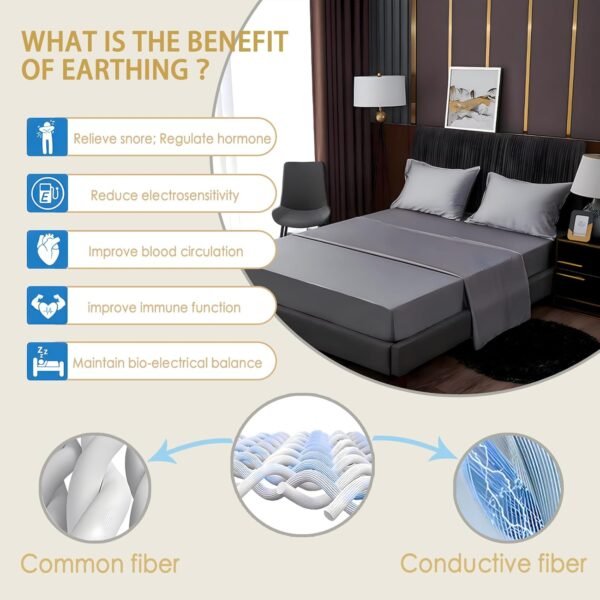 Grounding Fitted Sheet with Grounding Cord and Earthing Product Test Pen 90% Organic Cotton & 10% Silver Fiber Infused Conductive Bedding for Improved Sleep & Wellness Earthing Sheets Full Size Gray - Image 3
