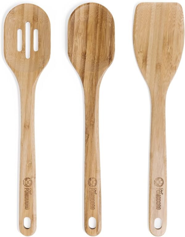 Chef Pomodoro Wooden Cooking Utensils 3-Piece Set, Bamboo | Large 12.5-Inch, Wooden Spatula for Cooking, Kitchen Utensil Set | Wooden Kitchen Frying Set,