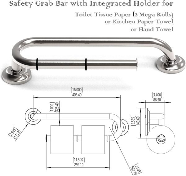 Grab Bar with Integrated Toilet Paper Holder for 2 Mega Rolls (Kitchen Paper Towel Holder or Bathroom Towel Bar), 16in Stud Mount, 250lbs Weight Support, Rustproof (Right, Brushed Nickel) - Image 8