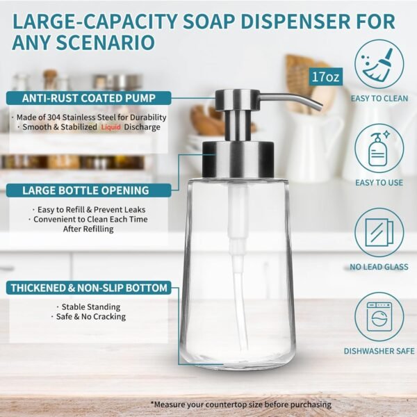 Doiliese Soap Dispenser, Glass Hand Soap Dispenser with Rust Proof Pump, 17oz Liquid Soap Dispenser with Waterproof Labels, Dish & Hand Soap Dispenser for Bathroom, Kitchen, Brushed Nickel, Pack of 2 - Image 2