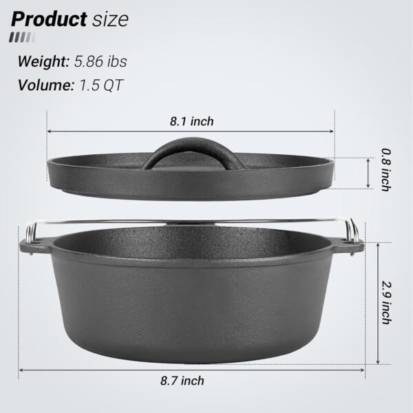 Cast Iron Dutch Oven Pot with Lid, for Small Dishes, Side Dishes, Camping Cookware set, BBQ, Garlic Roaster, 1.5 Quart Pan - Image 2
