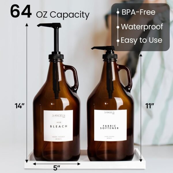Glass Laundry Detergent Dispenser (Pack of 2) - Durable Amber Soap Dispenser Jars - Liquid Soap Dispenser w/ Silicone Tray, Labels, Measuring Cups, & More - Versatile Laundry Organization and Storage - Image 2