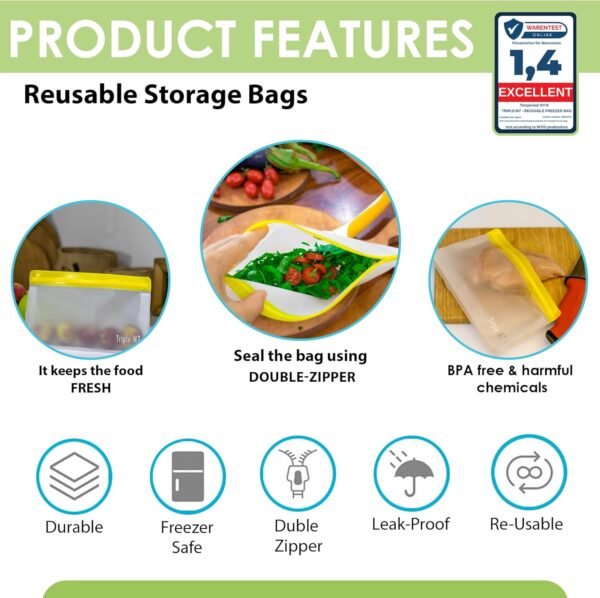 Triple-M7® 40 Pack Cereal Storage Bags Stand Up Reusable Gallon Freezer Bag Leakproof Ziplock Various Size Colors BPA Free Silicone Set Meals Lunch Sandwich Snack Home Organization Food - Image 3