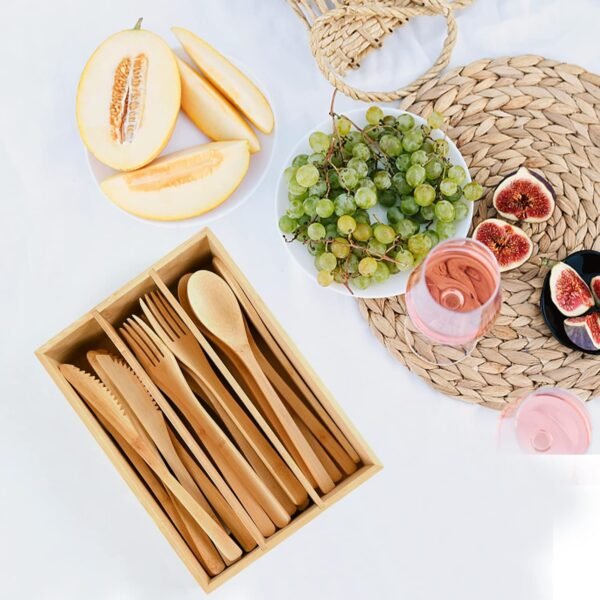 Bamboo Cutlery Reusable with Silverware Organizer, 16Pcs Bamboo Flatware Set with Bamboo Forks Spoons Knives, Reusable Bamboo Cutlery with Portable Storage Case for Home and Travel Camping Hiking - Image 5