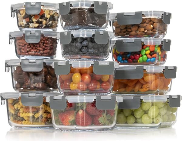 Glass Food Storage Containers with Lids - Hinged Locking Lids - 100% Leak Proof Glass Meal-Prep Containers Great for Lunch