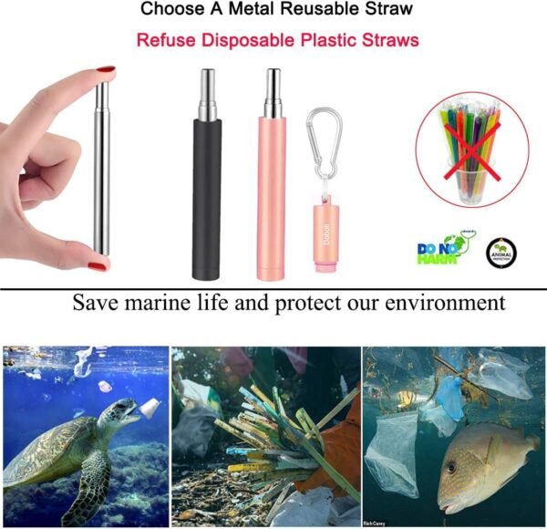 2 Pack Reusable Metal Straws,Stocking Stuffers For Gift Women Men, Collapsible Stainless Steel Drinking Straw Travel Portable Telescopic Straw with Case,2 Cleaning Brushes,Black/Rose Gold - Image 4