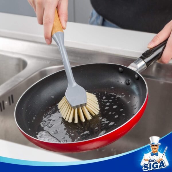 MR.SIGA Dish Brush with Long Bamboo Handle Built-in Scraper, Scrub Brush for Pans, Pots, Kitchen Sink Cleaning, Pack of 2 - Image 3