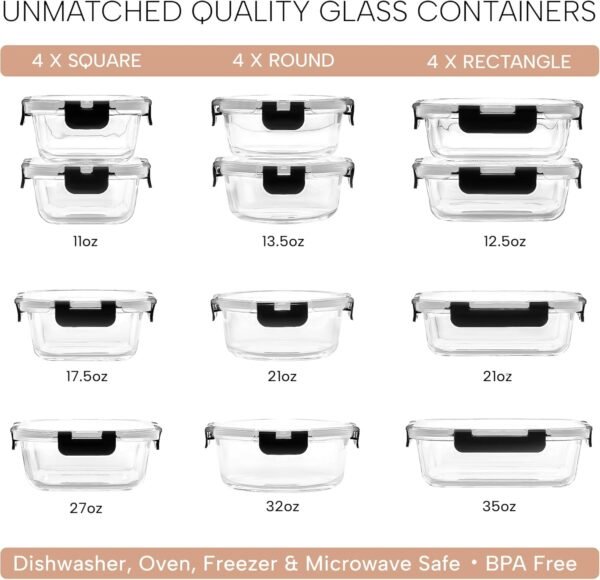 Zulay Kitchen 12 Pack Glass Meal Prep Containers with Lids - Airtight, Premium Borosilicate Glass Food Storage Containers - Microwave, Freezer & Oven Safe, BPA Free - Black - Image 2