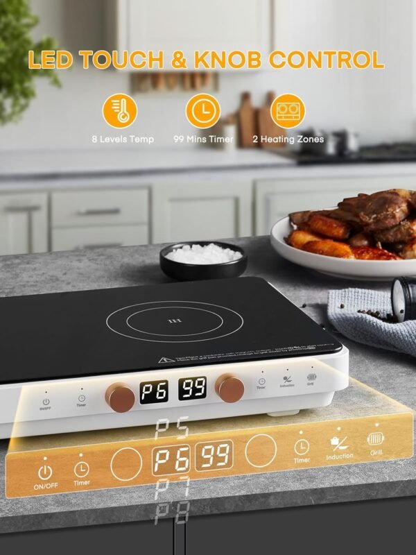 Induction Cooktop 2 Burners, Double Induction Hot Plate with Removable Iron Cast Griddle Pan Non-stick, Independent Temperature Control,Touch 8 Power Levels, 99 Min Timer for Magnetic Cookware - Image 3