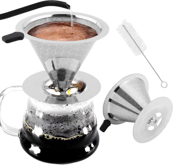304 Stainless Steel Pour Over Coffee Dripper/Maker - Upgrade Honeycomb Mesh, Extraction Quickly without Losing Flavor, Easy to Clean, Paperless Reusable Coffee Filter, Non-slip Stand - Includes Brush - Image 9