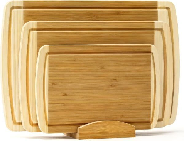 Hiware 3-Piece Extra Large Wooden Cutting Boards For Kitchen, Bamboo Cutting Board with Holder, Wood Cutting Board Set, Heavy Duty Chopping Board for Meat, Serving Tray Set- Two Tone