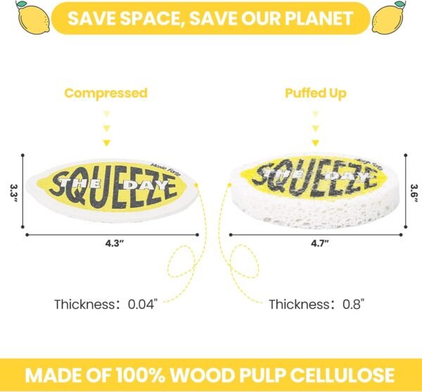 3Pack Lemon Dish Sponges | Squeeze The Day Fun Fruit Design | Cute Cellulose Compressed Kitchen Sponges |Natural & Biodegradable | Odor Resistant & None Scratch - Image 3