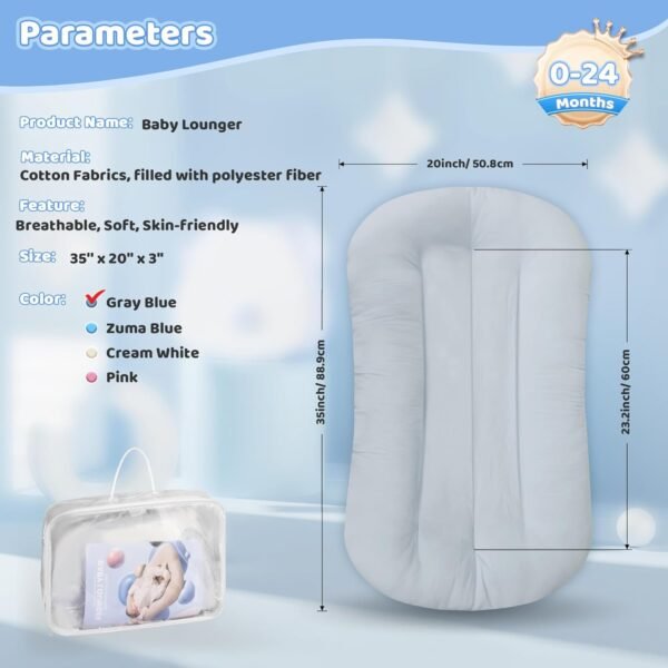 Baby Lounger - Baby Lounger Pillow for Newborn, 0-24 Months, Bionic Design Infant Lounger for Home and Travel, Soft Cotton, Newborn Babies Essentials Gifts, Grayish Blue - Image 6