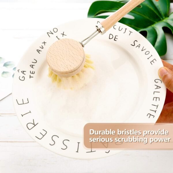 Dish Brush with Beechwood Handle with 2 Replacement Heads Natural Wood Dish Scrub Brush for Washing and Cleaning Pots and Pans - Image 4