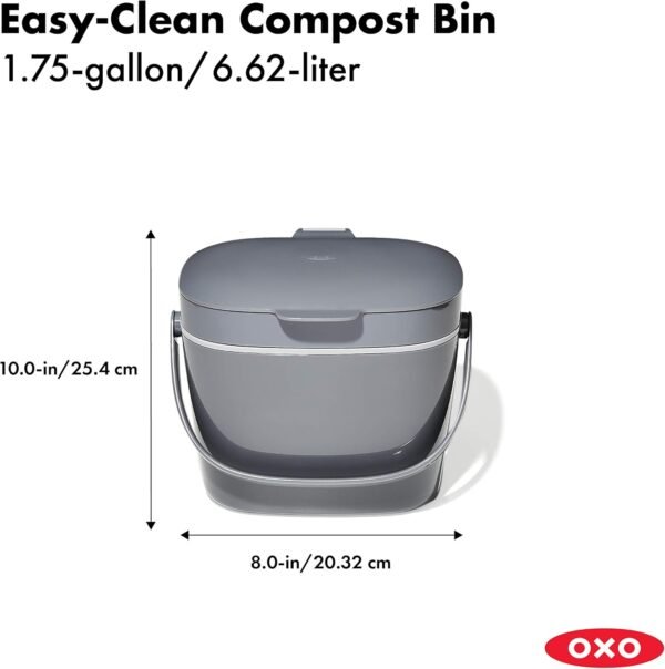 OXO Good Grips EASY-CLEAN COMPOST BIN - CHARCOAL - 1.75 GAL/6.62 L, Plastic, 8.3"L x 10.15"W x 12"H - Image 2