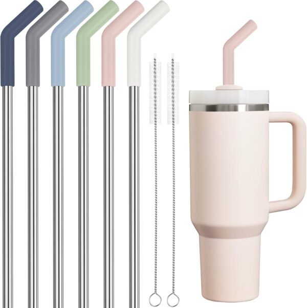 Tomorotec 6-Pack Morandi Colors Silicone Tip Stainless Steel Straws for 30oz Stanley Tumblers with 2 Cleaning Brushes, BPA-Free 10" Long Compatible with Adventure Quencher, Enhances Drink Enjoyment