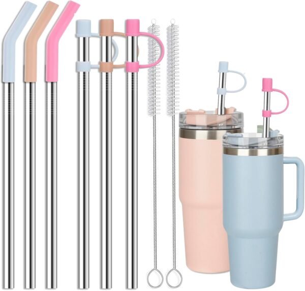 6 Straws with Cover for Stanley Tumbler, Reusable Stainless Steel Straws with Silicone Stoppers, Perfect for Stanley 40 oz Accessories (12 Inch 3 Straight and 3 Bent Straws Fit 40 oz)