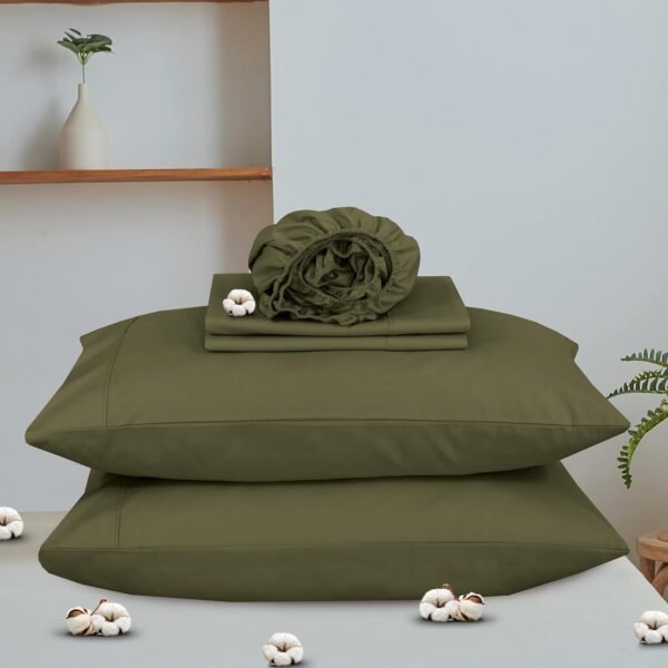 RUVANTI 100% Organic Cotton Sheets - Queen Sheet Set - Certified for GOTS - Breathable & Comfortable - Soft & Cooling Percale Bed Sheets Queen Size Set - Deep Pocket 15" - 4 Pcs - Olive - Image 9