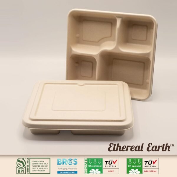 Ethereal Earth Take Out Food Containers [BPI Certified], 9X9 4-Compartment Meal Prep Lunch Bento Boxes with Lids, 25 Pack, Natural Disposable, Heavy Duty, Biodegradable,Made of Bagasse - Image 5