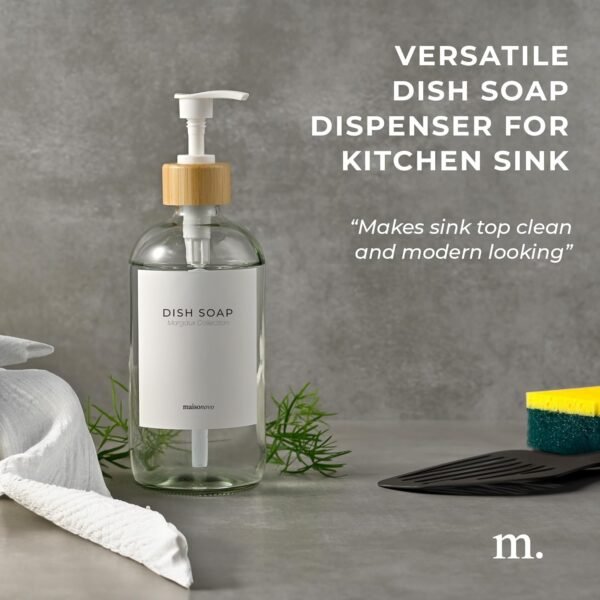 MaisoNovo Kitchen Soap Dispenser | 16.9 fl oz Glass Clear Soap Dispenser with Bamboo Pump - Image 3