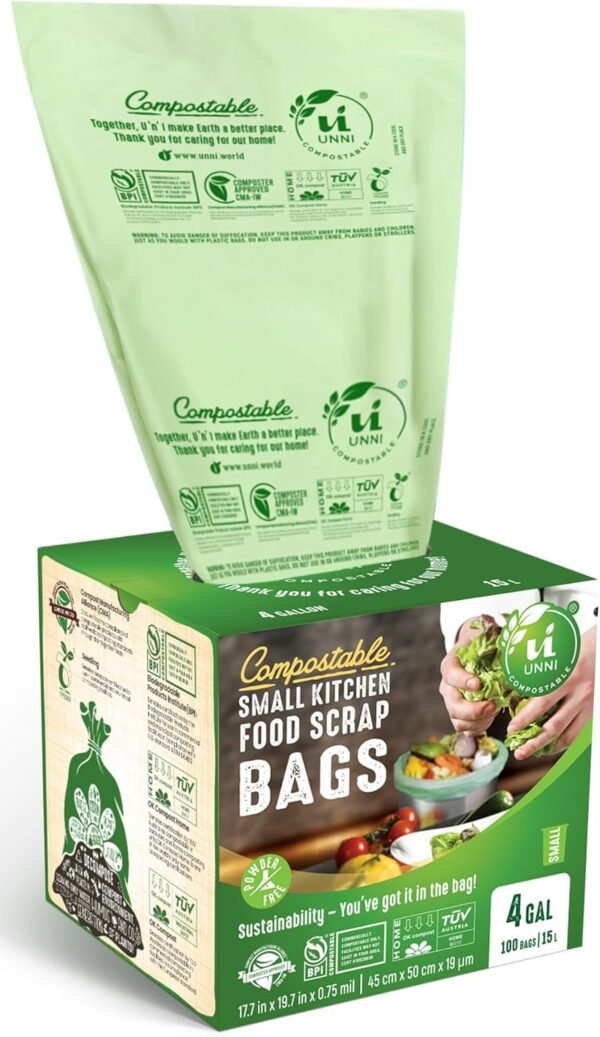UNNI Compostable 4 Gallon Garbage Bags, 100 Bags Per Roll, Certified Biodegradable, Plant-Based, Ethical Choice for Environment