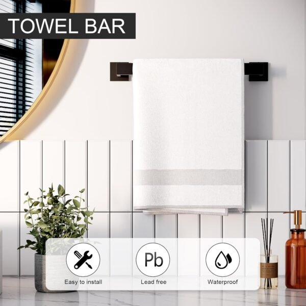 5-Piece Matte Black Bathroom Accessories Set, SUS304 Stainless Steel Wall Mounted 16 Inch Hand Towel Bar, Toilet Paper Holder, Towel Ring, Towel Hooks, Bathroom Hardware Set, Towel Bar Set - Image 2