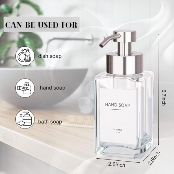 Foaming Soap Dispenser with Stainless Steel Pump, 12oz Refillable Glass Liquid Dish Soap Bottles for Bathroom, Kitchen Sink, Home Decor - Image 3