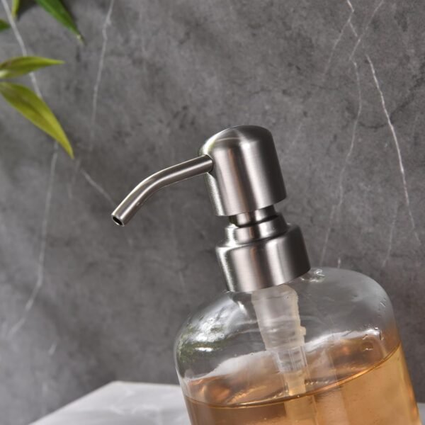 Qeemee Clear Glass Soap Dispenser, 11 Oz Boston Round Bottle Dispenser with Stainless Steel Pump, Refillable Kitchen & Bathroom Countertop Dish Soap Dispenser, Brushed Nickel - Image 5