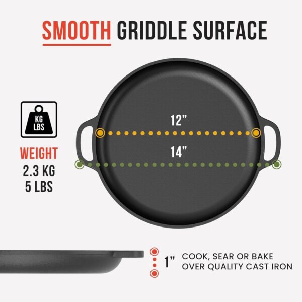 Chef Pomodoro Cast Iron Pizza Pan, Pre-Seasoned 12 inch Cast Iron Skillet with Handles, Dosa Pan for Dosa Tawa Roti, Crepe Pan, Comal for Tortillas, Baking Stove, Oven, Grill BBQ and Campfire - Image 2