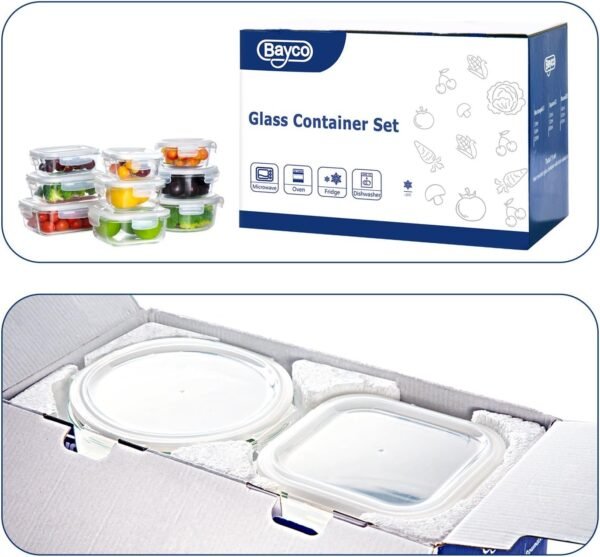 Bayco Glass Storage Containers with Lids, 9 Sets Glass Meal Prep Containers Airtight, Glass Food Storage Containers, Glass Containers for Food Storage with Lids - BPA-Free & Leak Proof - Image 2